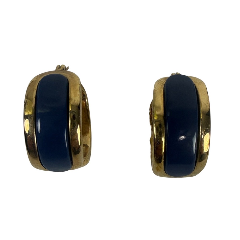 Navy Blue Enamel Gold Tone Wide Hoop Earrings Chunky Huggie Latch Back